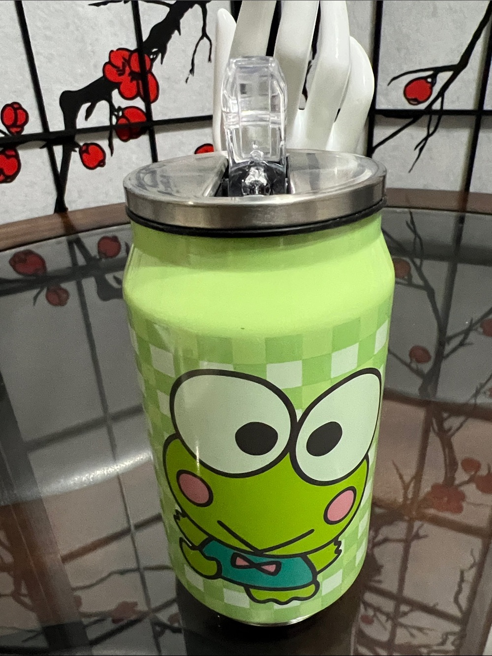 Sanrio Keroppi Gingham Green Frog Plush-Style Can Tumbler - Picture 6 of 6